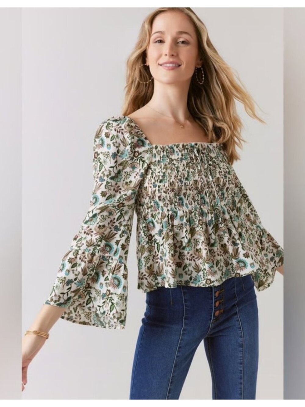 Mi Ami for Francesca's Floral Smocked Square Neck Top Size M